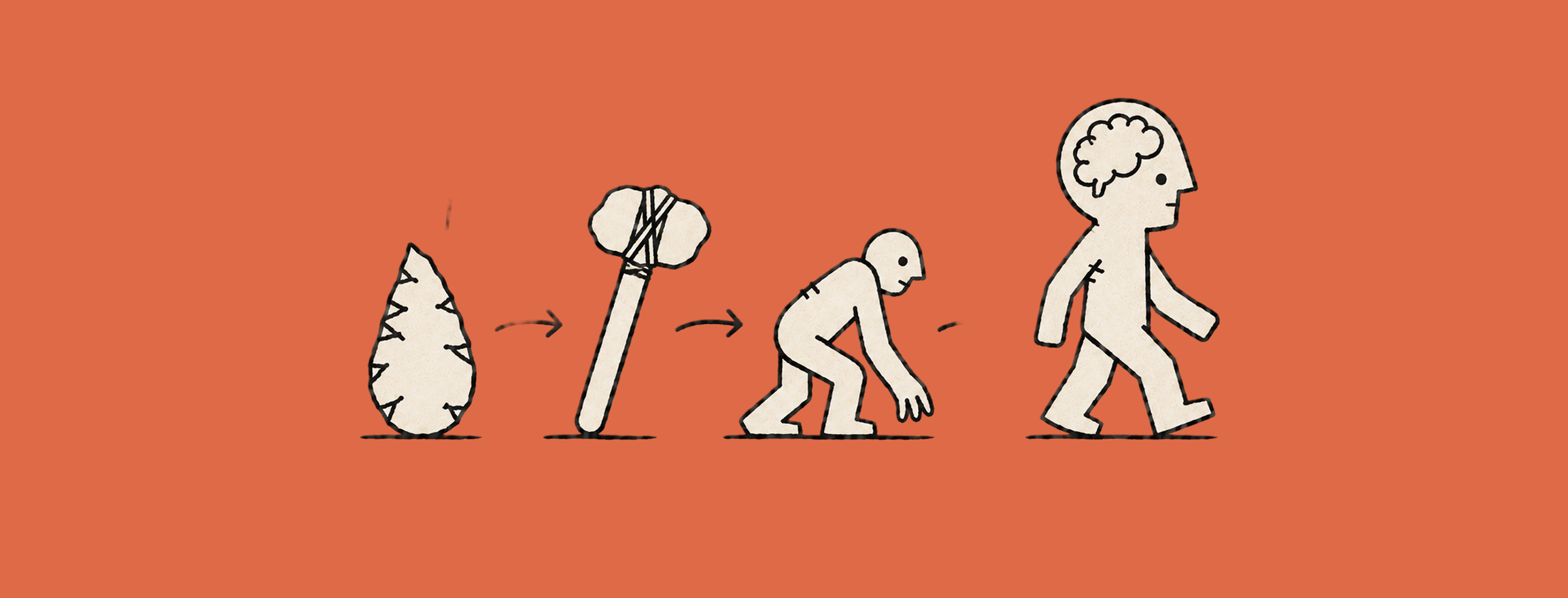 A hand-drawn sequence on an orange field: a chipped stone blade, a hafted axe, a stooped hominin, and an upright walking human with a visible brain