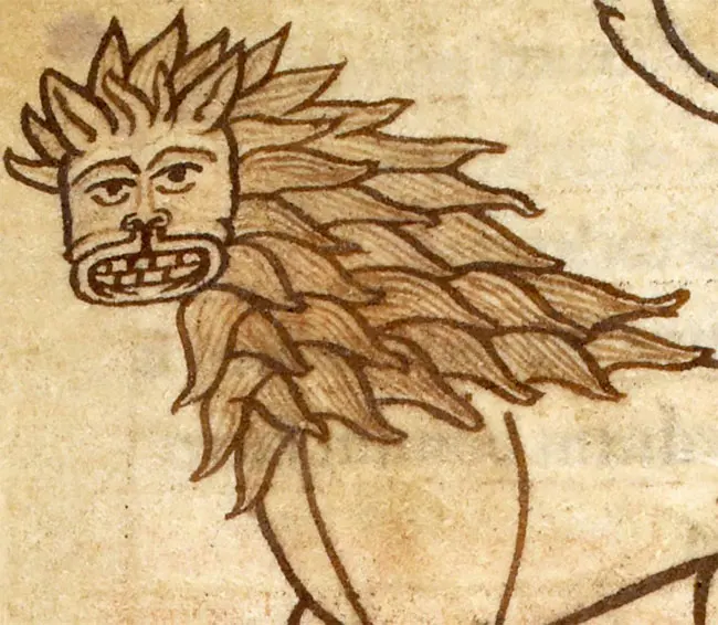 A pen drawing of a lion with a human face and stylised mane
