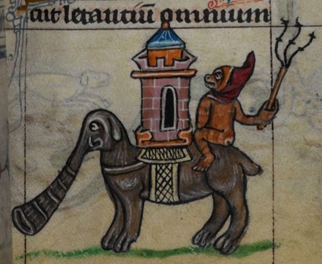 A medieval elephant carrying a stone castle with a rider, its trunk drawn as a smooth tube