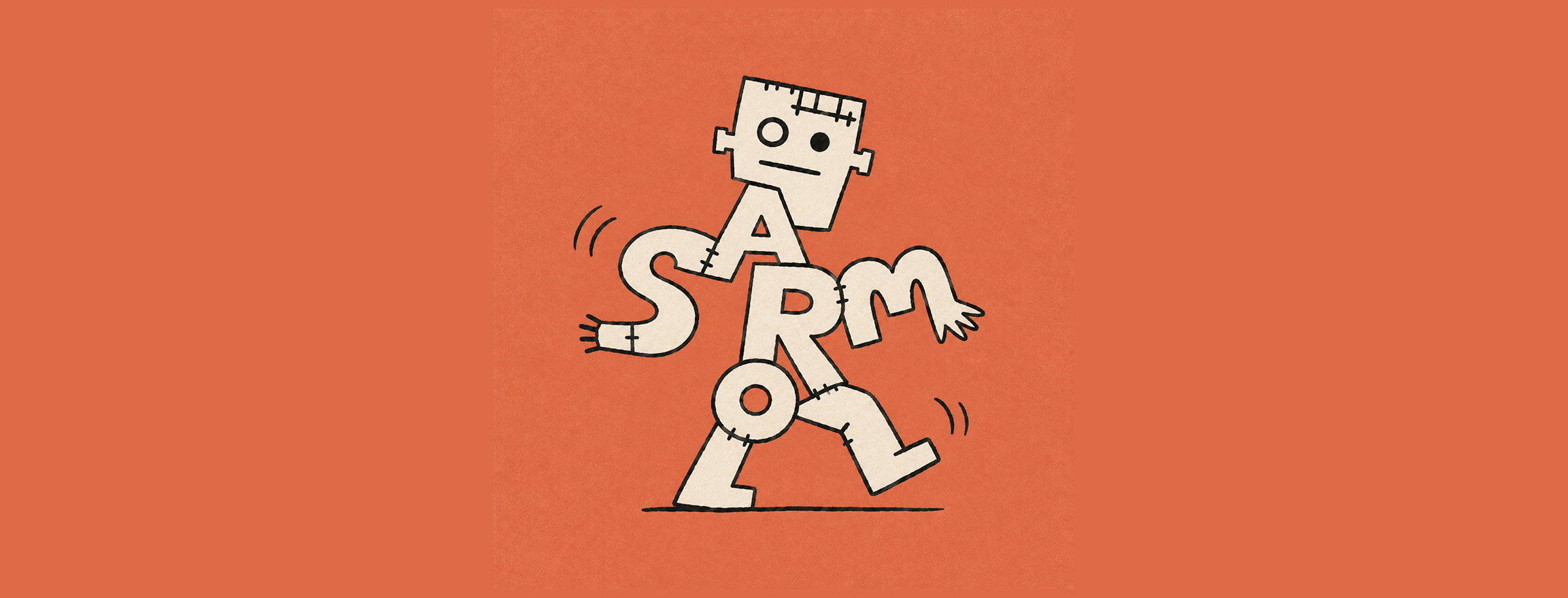 A hand-drawn robot whose body is built from letters, walking, on an orange field