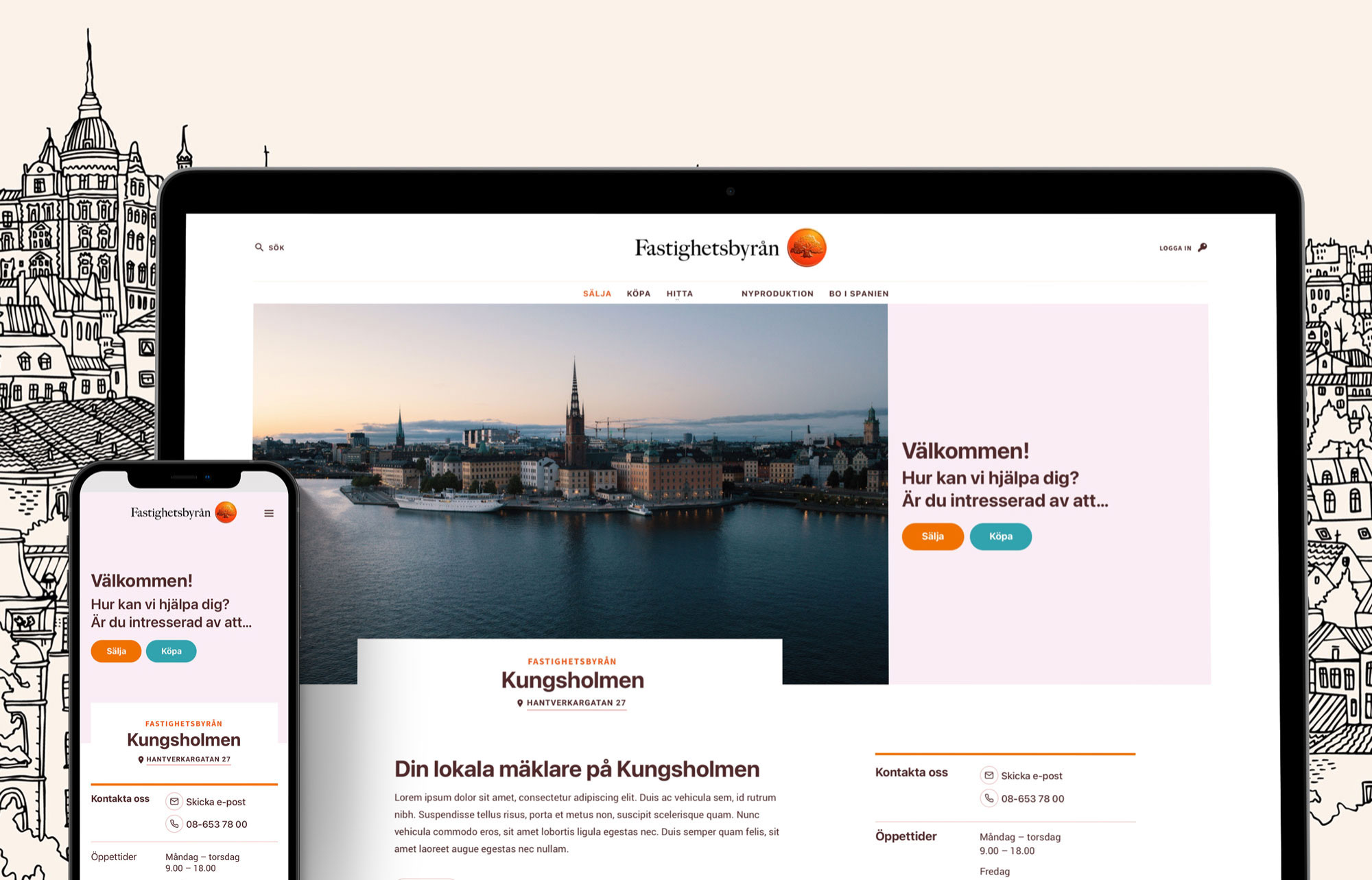 Fastighetsbyrån multilingual platform shown on desktop and mobile